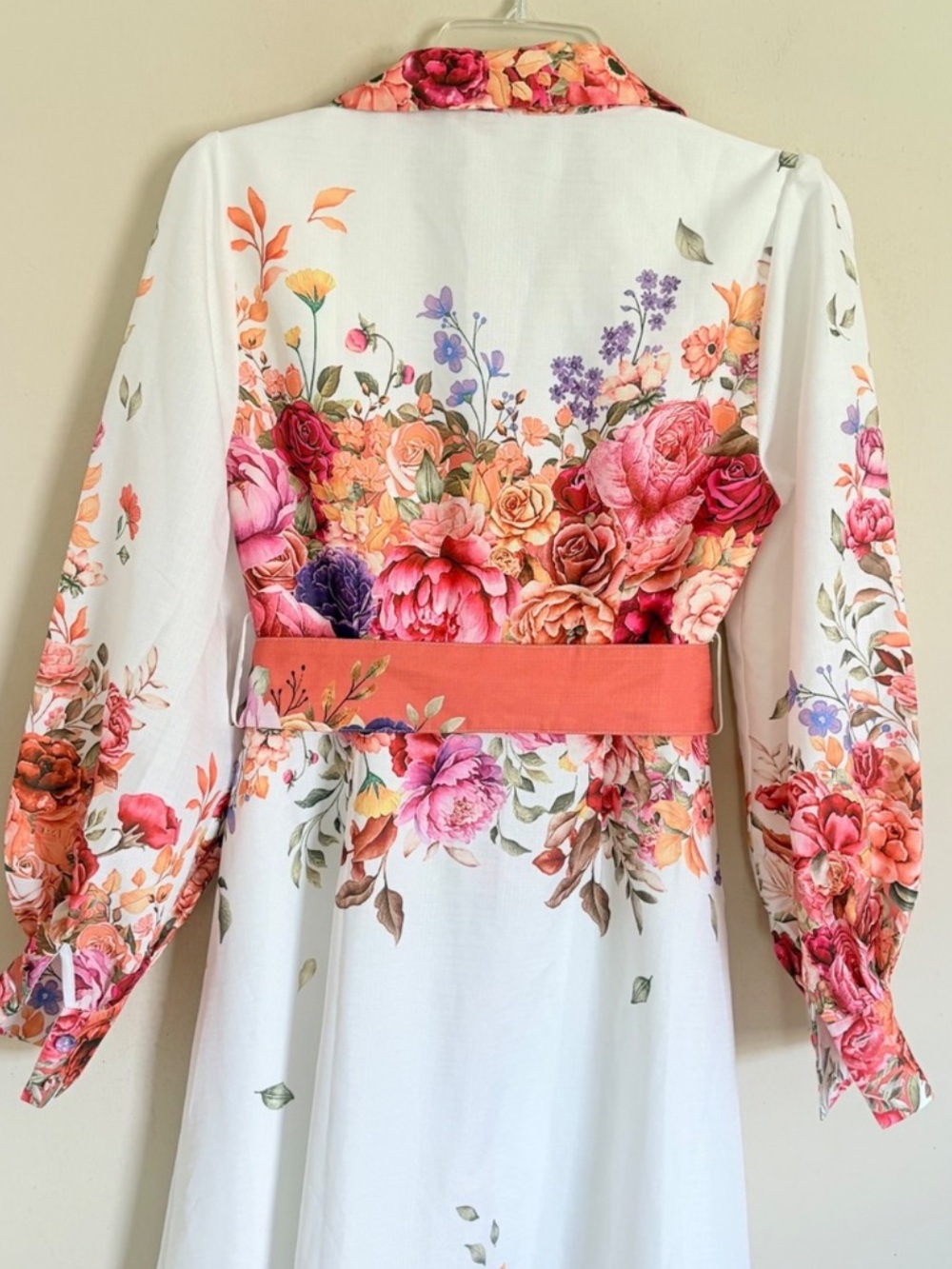 Avara Mainstrip Floral Belted Maxi Shirt Dress White Pink Orange Medium NWT - Picture 8 of 11